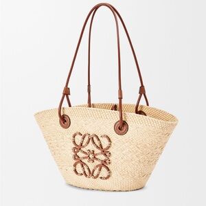 Loewe Anagram Ibiza Small Bag - Beige Straw Tote with Brown Leather